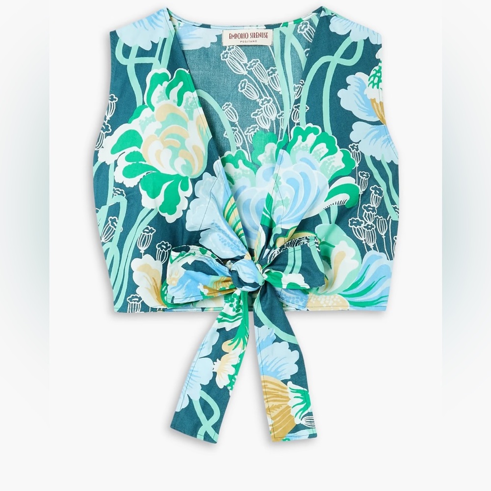Emporio Sirenuse Sonia Cropped Floral Print Cotton Poplin Top‎ Storm Blue